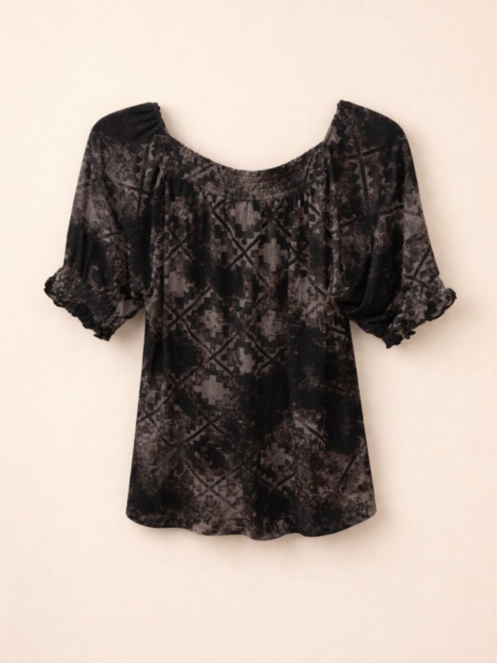 LuLaRoe Lily Square Neck Peasant Top Black Gray Abstract Smocked XL NWT